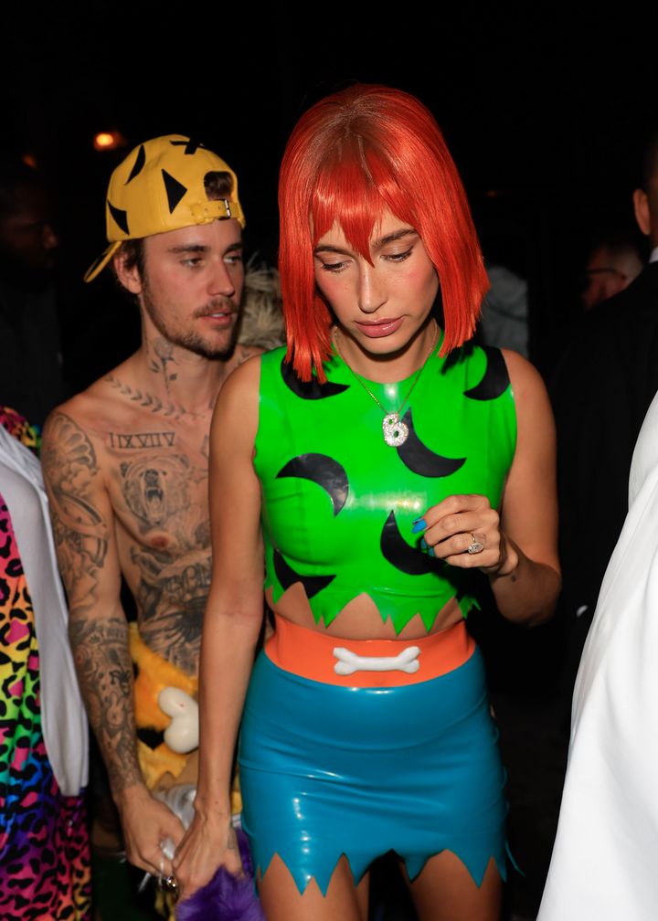 Justin Bieber and Hailey Bieber are seen arriving to Vas Morgan and Michael Braun's Halloween Party on October 28, 2023 in Los Angeles, California.